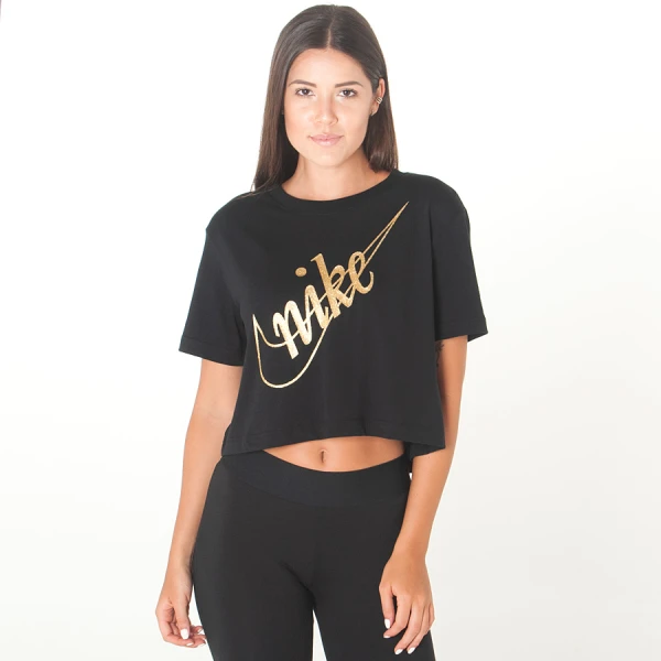 CAMISETA NIKE CROPPED SPORTSWEAR GLITTER FEMININA - Preto/dourado