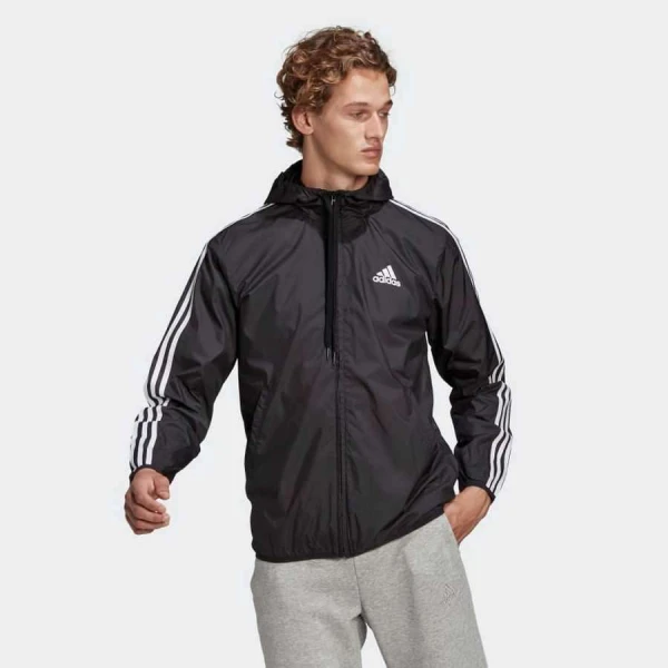 JAQUETA ADIDAS CORTA-VENTO PRIMEGREEN ESSENTIALS 3-STRIPES MASCULINA - Preto/branco
